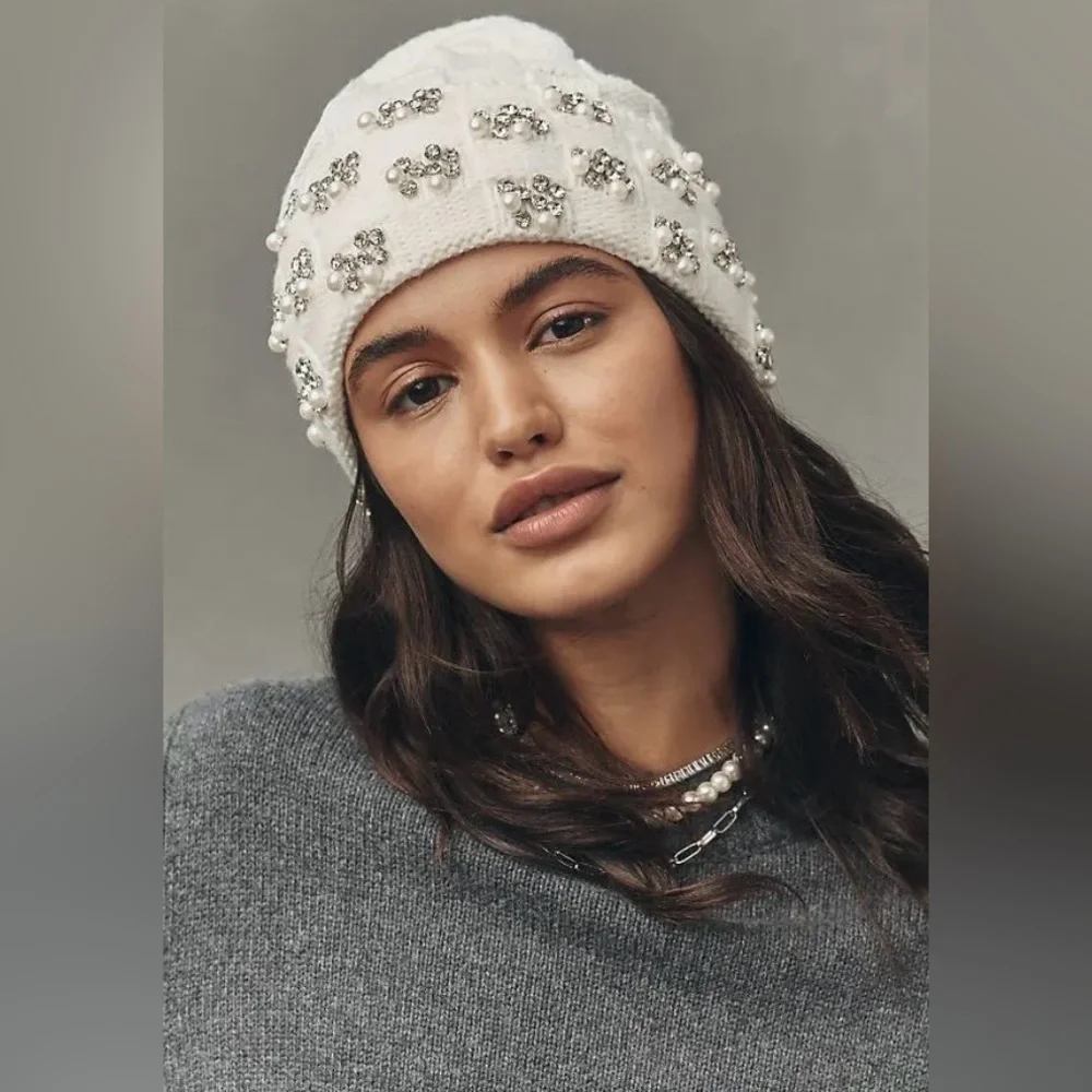 Anthropologie Maeve Checkered Crystal and Pearl Beanie - Black NWT